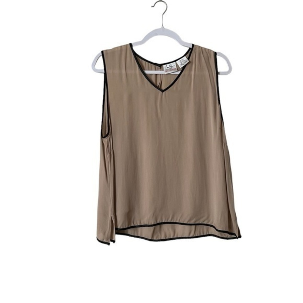 Jane Seymour Signature 100% Silk Sleeveless V-Neck Blouse Shell Top, Tan / Black